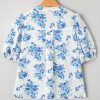 Women's Sky Blue Floral Tiered Puff Short Sleeve Pleated Bust Buttoned Casual Shirt - Image 9