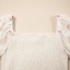 Women's Beige Embroidered Flower Smocked Bust A-Line Dress with Half Puff Sleeves - Image 9
