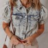 Women's Beau Blue Light Wash Puff Sleeve Denim Jacket with Buttoned Chest Pockets - Image 8