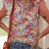 Women's Multicolour Floral Pleated Detail Flutter Sleeve Blouse - Summer Essential - Image 4