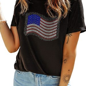Women's Black Rhinestone American Flag Casual Round Neck Tee