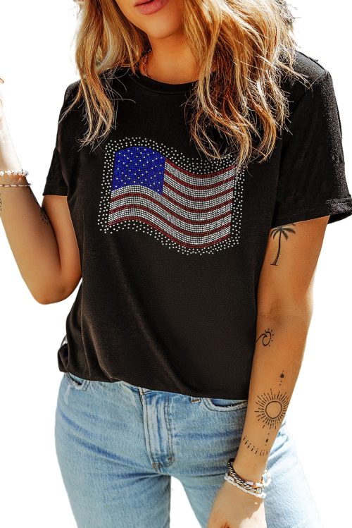 Women's Black Rhinestone American Flag Casual Round Neck Tee