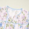 Women's Pink Floral Striped Print Mini Dress with Contrast Trim and Tie Split Neck - Image 15