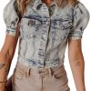 Women's Beau Blue Light Wash Puff Sleeve Denim Jacket with Buttoned Chest Pockets - Image 10