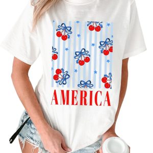 Women's White Bow Cherry AMERICA Graphic Crewneck T-Shirt - Patriotic Casual Tee