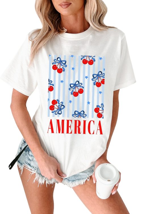 Women's White Bow Cherry AMERICA Graphic Crewneck T-Shirt - Patriotic Casual Tee