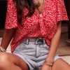 Women's Red Boho Floral Printed Half Sleeve Knotted V Neck Blouse for Trendy Summer Style - Image 6