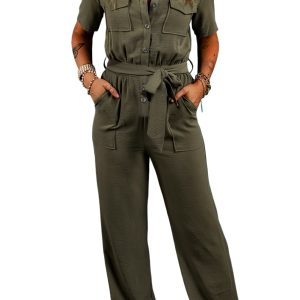 Women's Moss Green Half Button Belted Utility Short Sleeve Jumpsuit