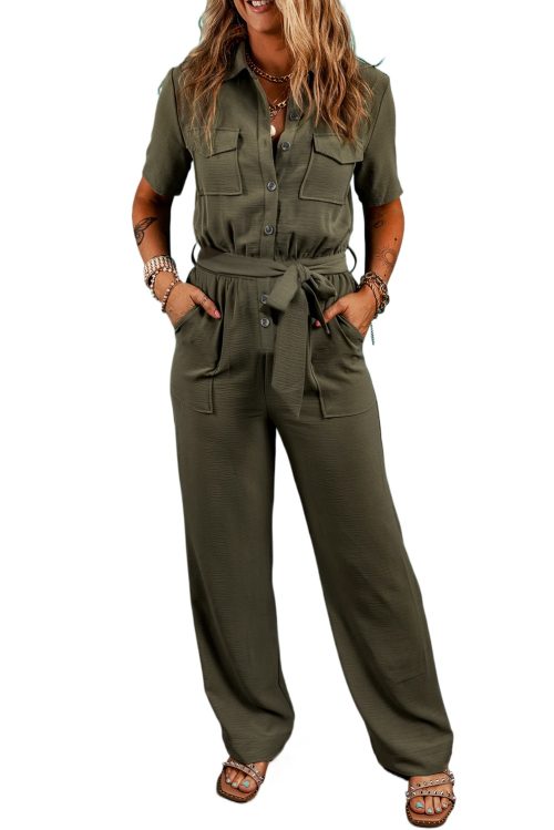 Women's Moss Green Half Button Belted Utility Short Sleeve Jumpsuit