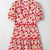 Elegant Red Floral Puff Sleeve Mini Dress with Pocket and Ric Rac Detail - Image 5