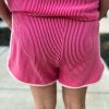 Women's Rose Red 3D Spiral Ribbed Texture Colorblock Short Set - Image 6