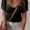 Women's Black Mesh Ruffled Sleeve Slim Fit V Neck Top - Elegant and Stylish - Image 3