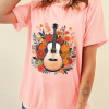 Women's Pink Guitar Flower Print Crew Neck Loose T-Shirt - Casual Summer Tee - Image 7