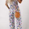 Women's Purple Floral Print Smocked High Waist Jumpsuit with Square Neckline - Image 2