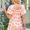 Women's Rose Vibrant Floral Square Neck Puff Sleeve Pleated Flared Midi Dress for Summer - Image 2
