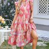 Women's Rose Tribal Paisley Print Ruffled Sleeve Notch Neck Midi Dress - Bohemian Style - Image 6