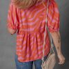 Women's Orange Zebra Stripe Print Ruched Cuff Half Sleeve V Neck Blouse - Image 2