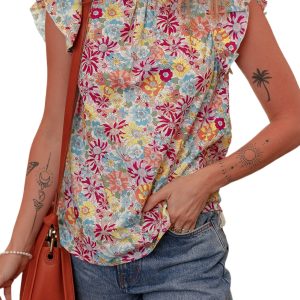 Women's Multicolour Floral Pleated Detail Flutter Sleeve Blouse - Summer Essential