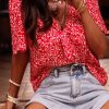 Women's Red Boho Floral Printed Half Sleeve Knotted V Neck Blouse for Trendy Summer Style - Image 2