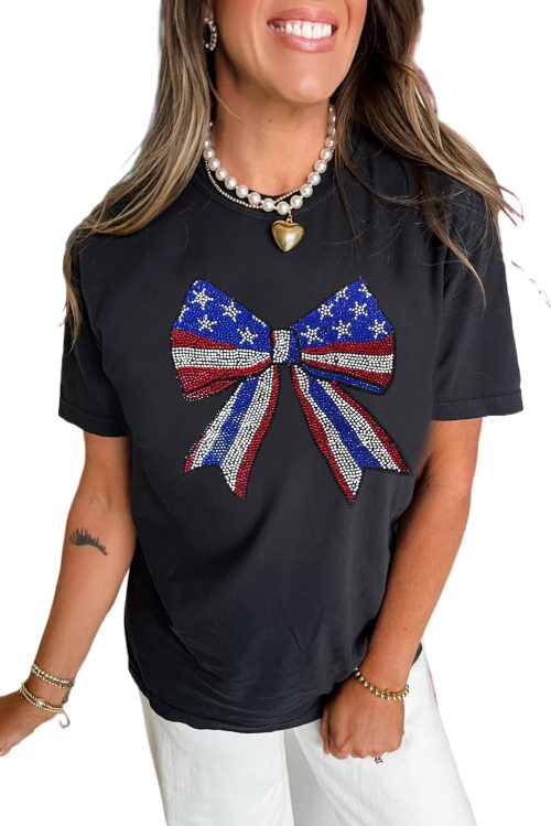 Women's Black Rhinestone Stars and Stripes Bow Graphic Tee for Independence Day