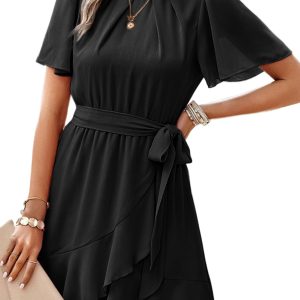 Elegant Black Pleated Mini Dress with Butterfly Sleeves and Belt
