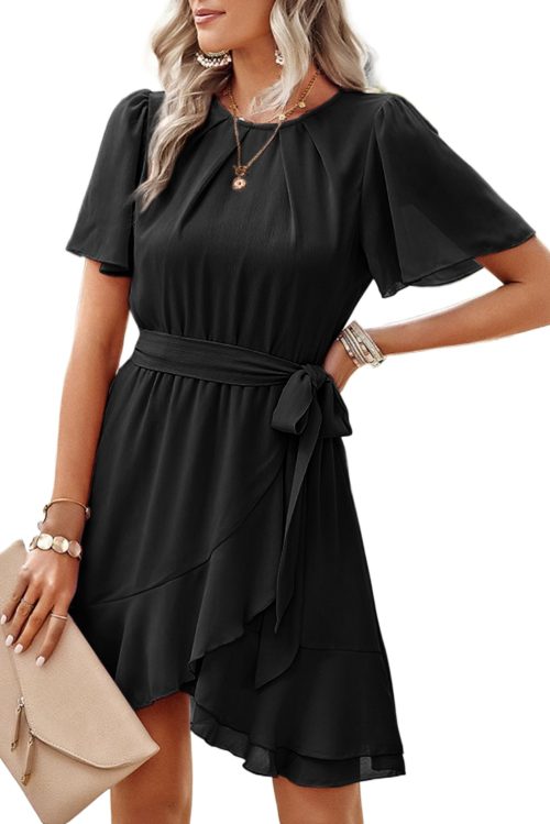 Elegant Black Pleated Mini Dress with Butterfly Sleeves and Belt