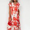 Elegant Red Floral Print Trimmed V Neck Ruffle Sleeve Long Dress for Women - Image 3