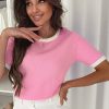 Women's Bonbon Colorblock Short Sleeve Sweater with Bow Applique and V-Shape Cut Back - Image 5