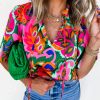 Women's Rose Summer Plant Print Lace Up V Neck Short Sleeve Blouse - Image 2