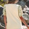 Women's Beige Contrast Floral Bubble Sleeve Patchwork Ribbed Top - Chic & Elegant - Image 2