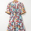 Women's Green Floral Print Zipper Ruffled Short Sleeve High Waist Mini Dress - Image 10