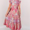 Women's Rose Tribal Paisley Print Ruffled Sleeve Notch Neck Midi Dress - Bohemian Style - Image 10