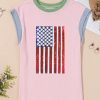 Women's Pink Colorblock Sequin American Flag Casual T-Shirt with Twisted Rib Texture - Image 7