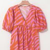 Women's Orange Zebra Stripe Print Ruched Cuff Half Sleeve V Neck Blouse - Image 9