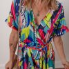 Women's Multicolour Tropical Printed Surplice Neck Tie Waist Romper for Summer Vacation - Image 3