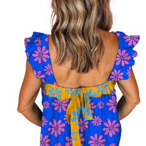 Women's Blue Floral Colorblock Flutter Straps Flowy Tank Top for Summer