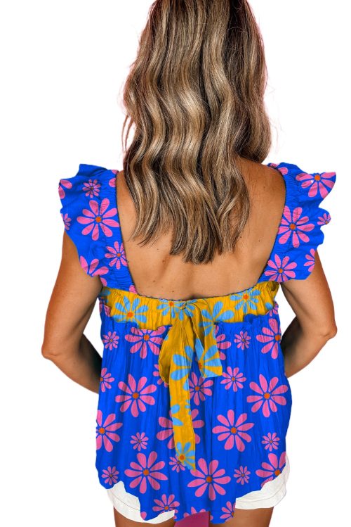 Women's Blue Floral Colorblock Flutter Straps Flowy Tank Top for Summer