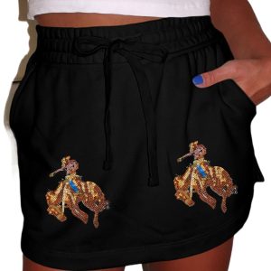 Women's Black Sequin Western Cowboy Patched High Waist Skort with Lace-Up Detail