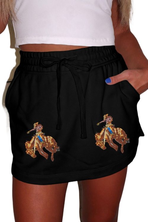 Women's Black Sequin Western Cowboy Patched High Waist Skort with Lace-Up Detail