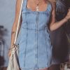 Women's Beau Blue Sleeveless Denim Mini Dress with Zipper Front and Square Neck - Image 7