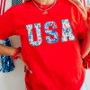 Women's Red Floral USA Graphic Cuffed Sleeve Crew Neck Tee - Image 2