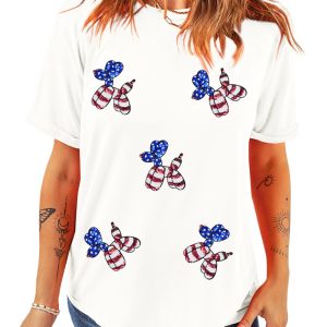 Women's White Sequin Balloon Puppy Graphic Crewneck Tee with Stars and Stripes