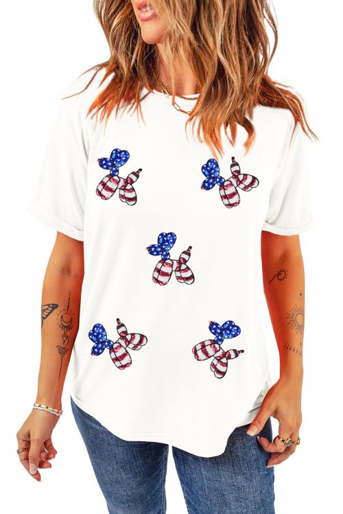 Women's White Sequin Balloon Puppy Graphic Crewneck Tee with Stars and Stripes