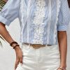 Women's Sky Blue Stripe Floral Lace Splicing Puff Sleeve Blouse for Elegant Summer Style - Image 3