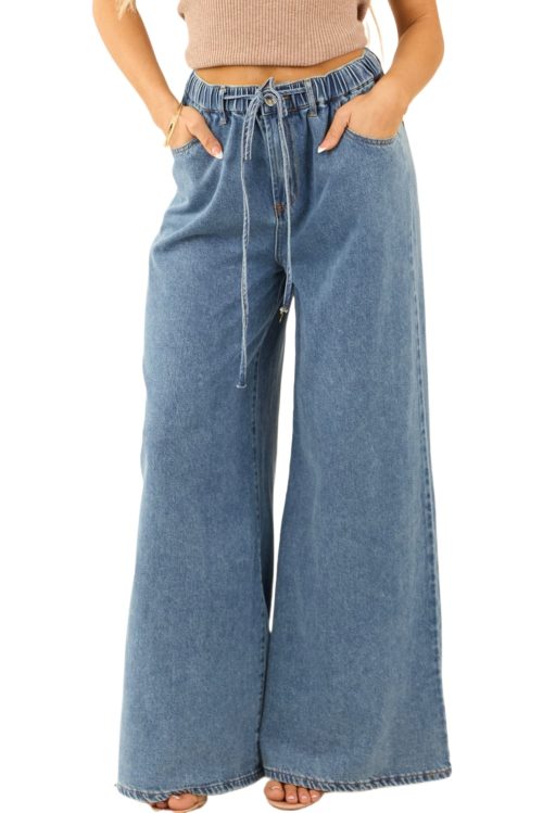Women's Dusk Blue Medium Wash Super Wide Leg Denim Pants - High Waist Casual Jeans