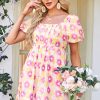 Women's Rose Vibrant Floral Square Neck Puff Sleeve Pleated Flared Midi Dress for Summer - Image 8