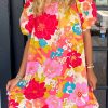 Women's Pink Floral Print Bubble Short Sleeve Dress - Elegant Shift Style for Casual & Semi-Formal Occasions - Image 2