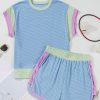 Women's Beau Blue Corded Knit Color Block Round Neck Cap Sleeve 2-Piece Short Set - Image 8