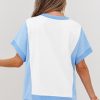 Women's Sky Blue USA Graphic Color Block Crewneck T-Shirt with Star and Plaid Design - Image 3