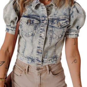 Women's Beau Blue Light Wash Puff Sleeve Denim Jacket with Buttoned Chest Pockets